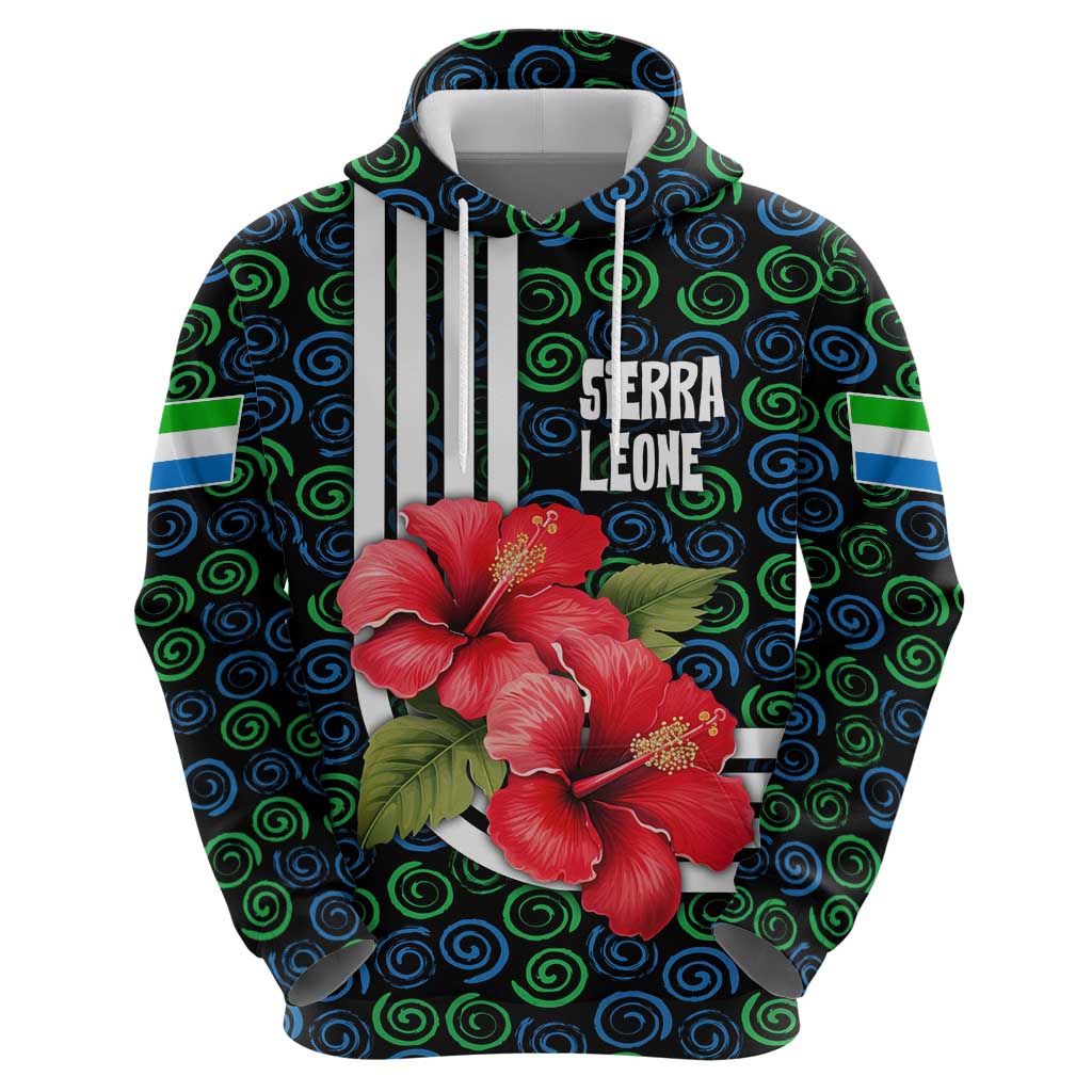 Sierra Leone Hoodie with Red Hibiscus Floral Design and Tribal Swirl Pattern