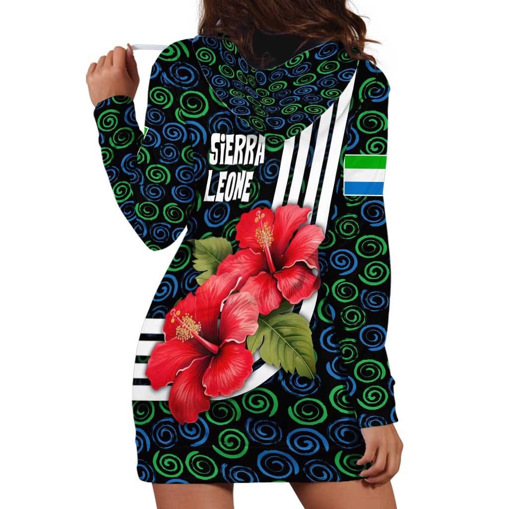 Sierra Leone Hoodie Dress with Red Hibiscus Floral Design and Tribal Swirl Pattern