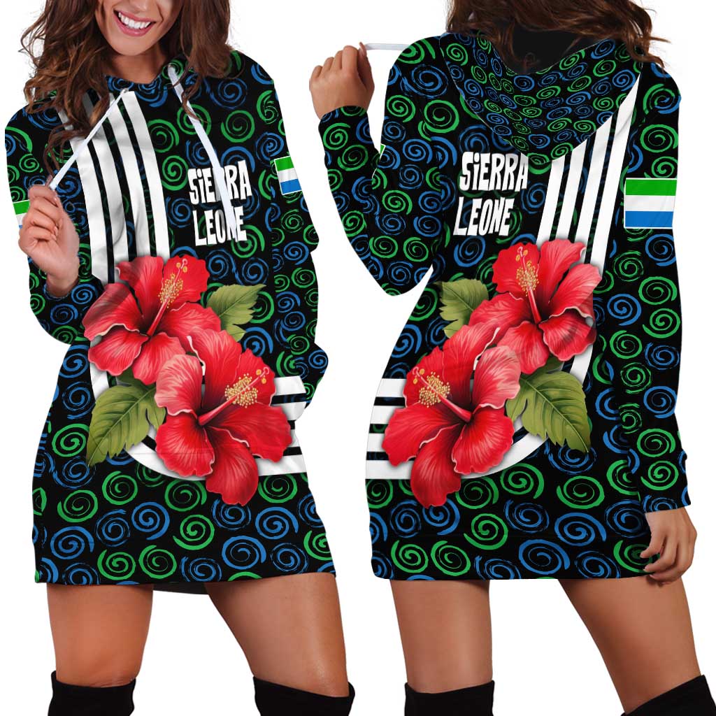 Sierra Leone Hoodie Dress with Red Hibiscus Floral Design and Tribal Swirl Pattern