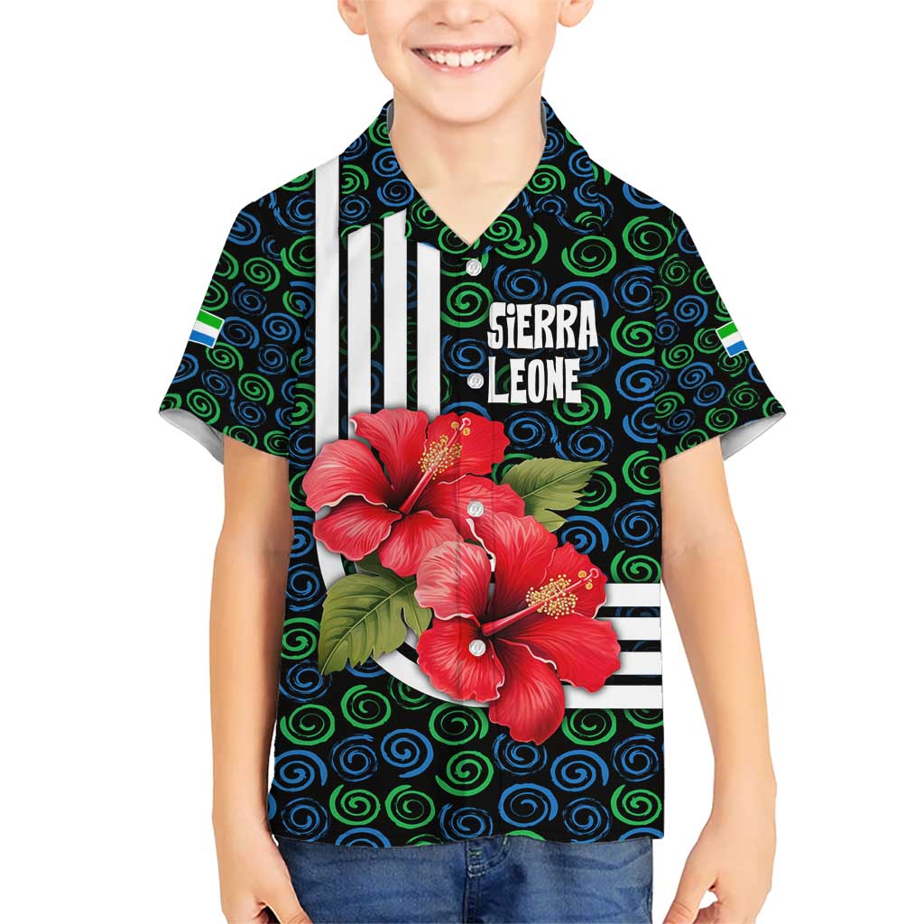 Sierra Leone Kid Hawaiian Shirt with Red Hibiscus Floral Design and Tribal Swirl Pattern