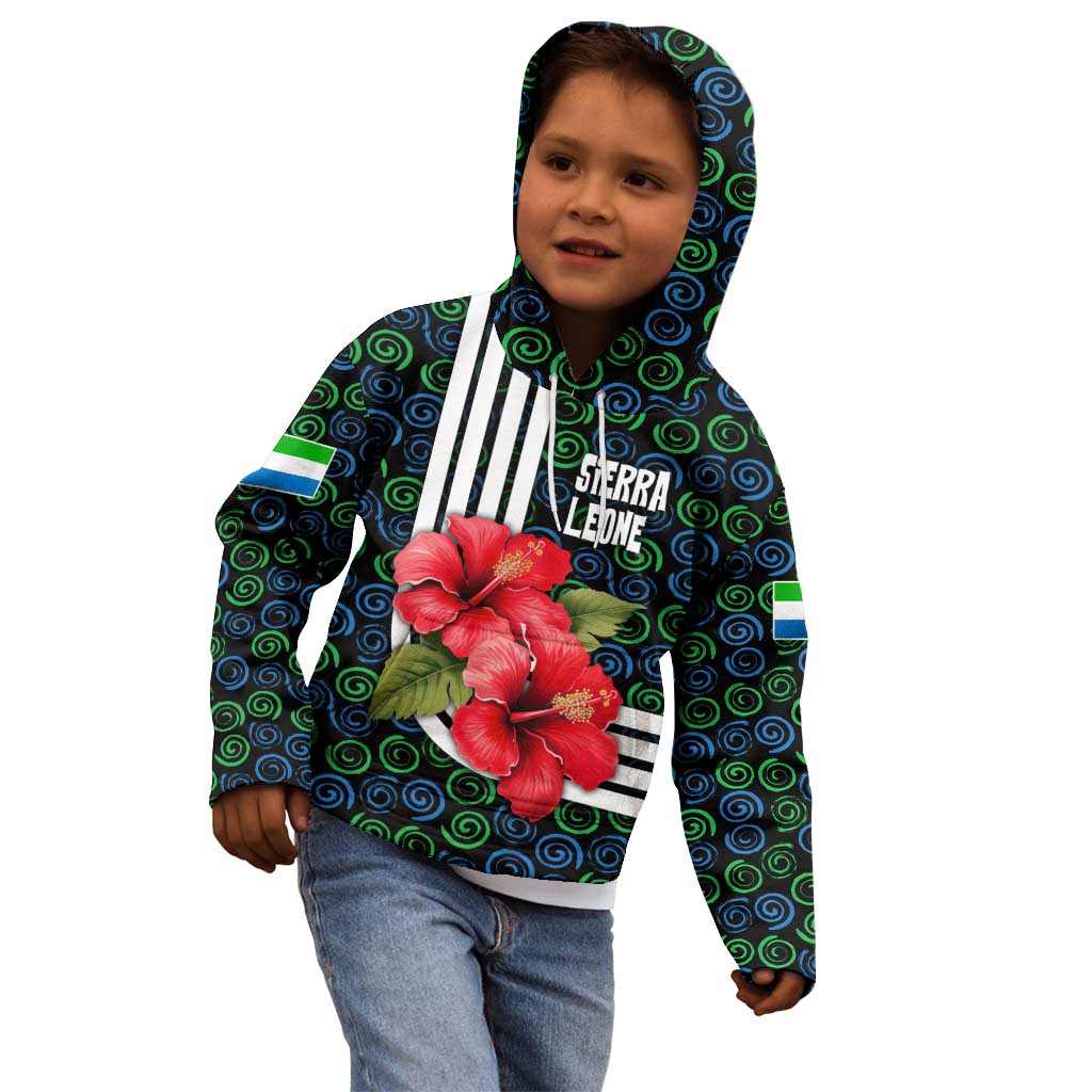 Sierra Leone Kid Hoodie with Red Hibiscus Floral Design and Tribal Swirl Pattern