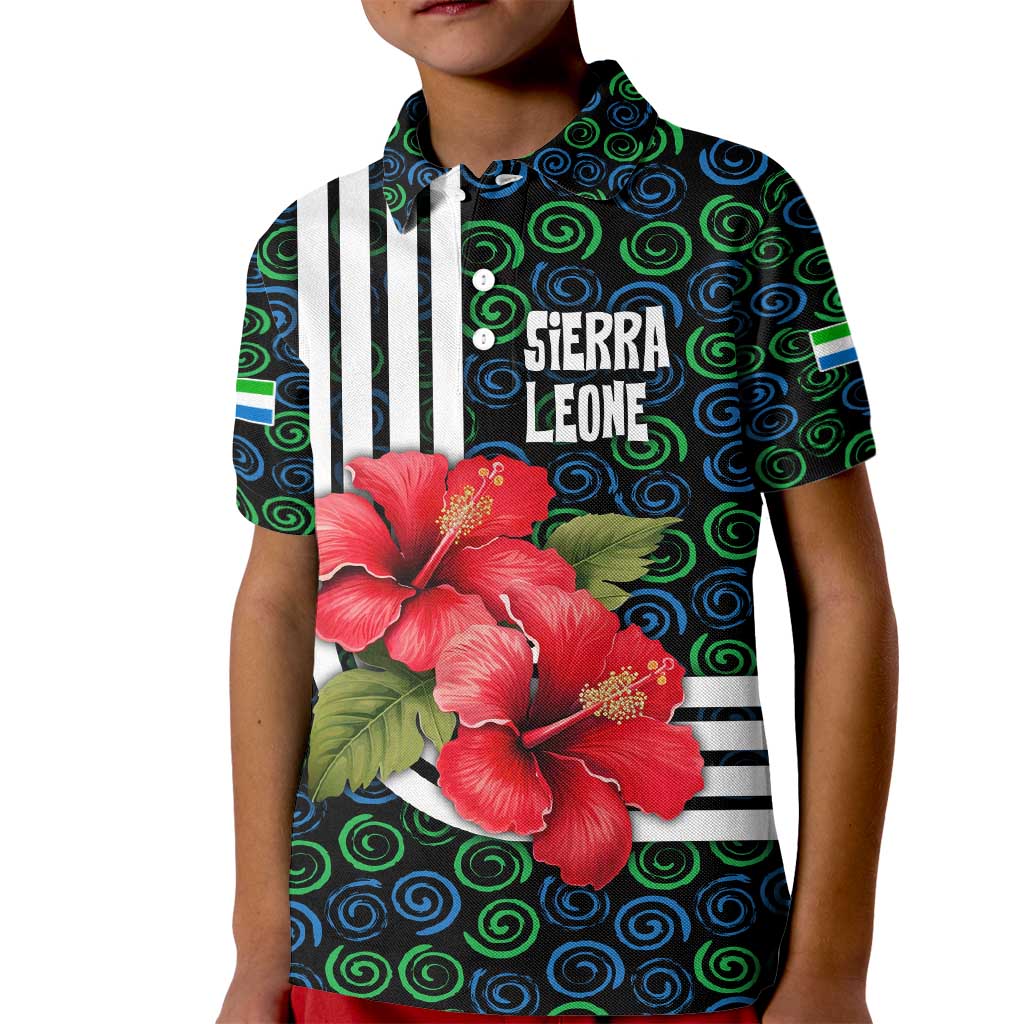 Sierra Leone Kid Polo Shirt with Red Hibiscus Floral Design and Tribal Swirl Pattern