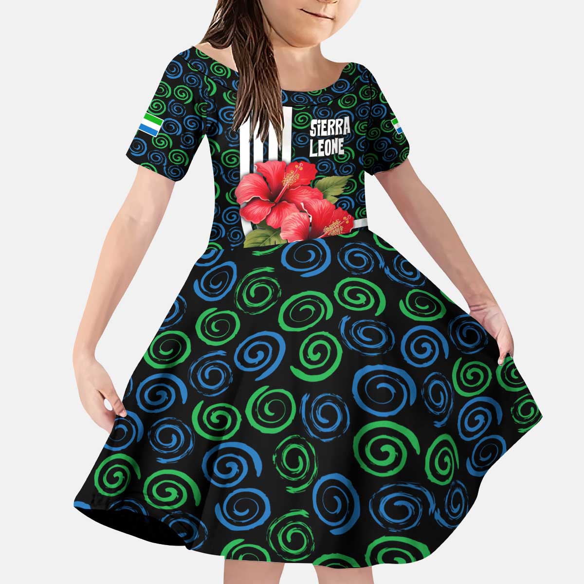 Sierra Leone Kid Short Sleeve Dress with Red Hibiscus Floral Design and Tribal Swirl Pattern
