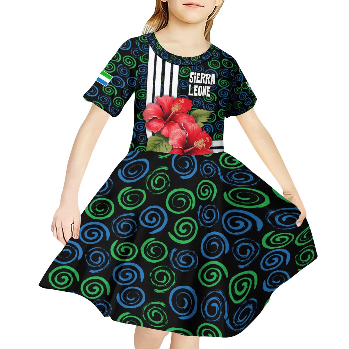 Sierra Leone Kid Short Sleeve Dress with Red Hibiscus Floral Design and Tribal Swirl Pattern