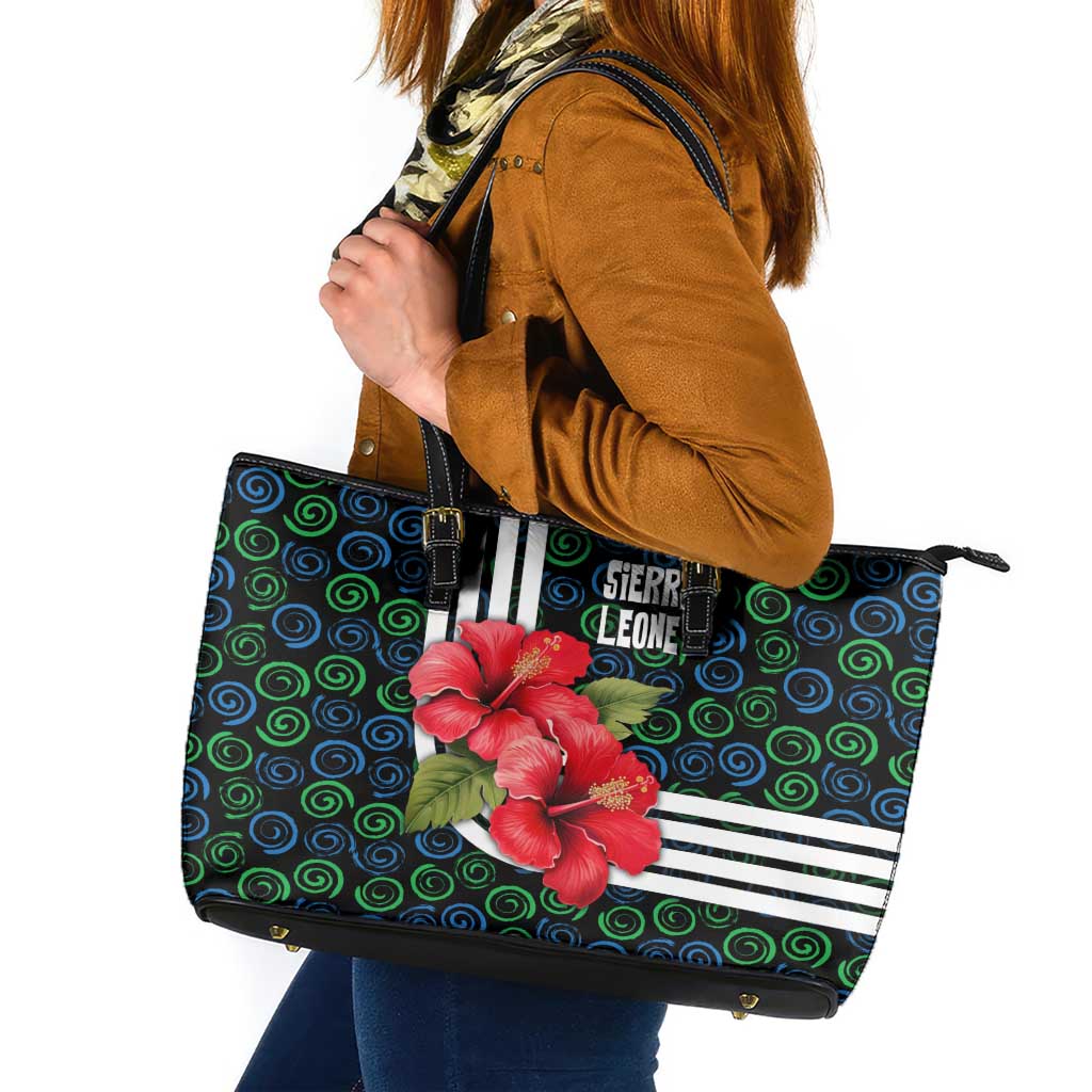 Sierra Leone Leather Tote Bag with Red Hibiscus Floral Design and Tribal Swirl Pattern