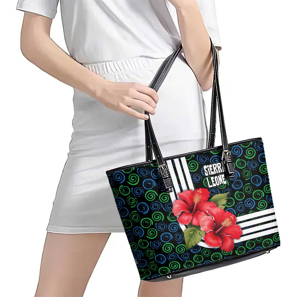 Sierra Leone Leather Tote Bag with Red Hibiscus Floral Design and Tribal Swirl Pattern