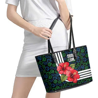 Sierra Leone Leather Tote Bag with Red Hibiscus Floral Design and Tribal Swirl Pattern