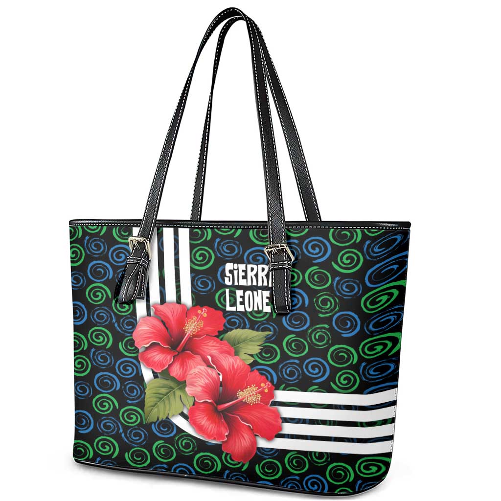 Sierra Leone Leather Tote Bag with Red Hibiscus Floral Design and Tribal Swirl Pattern