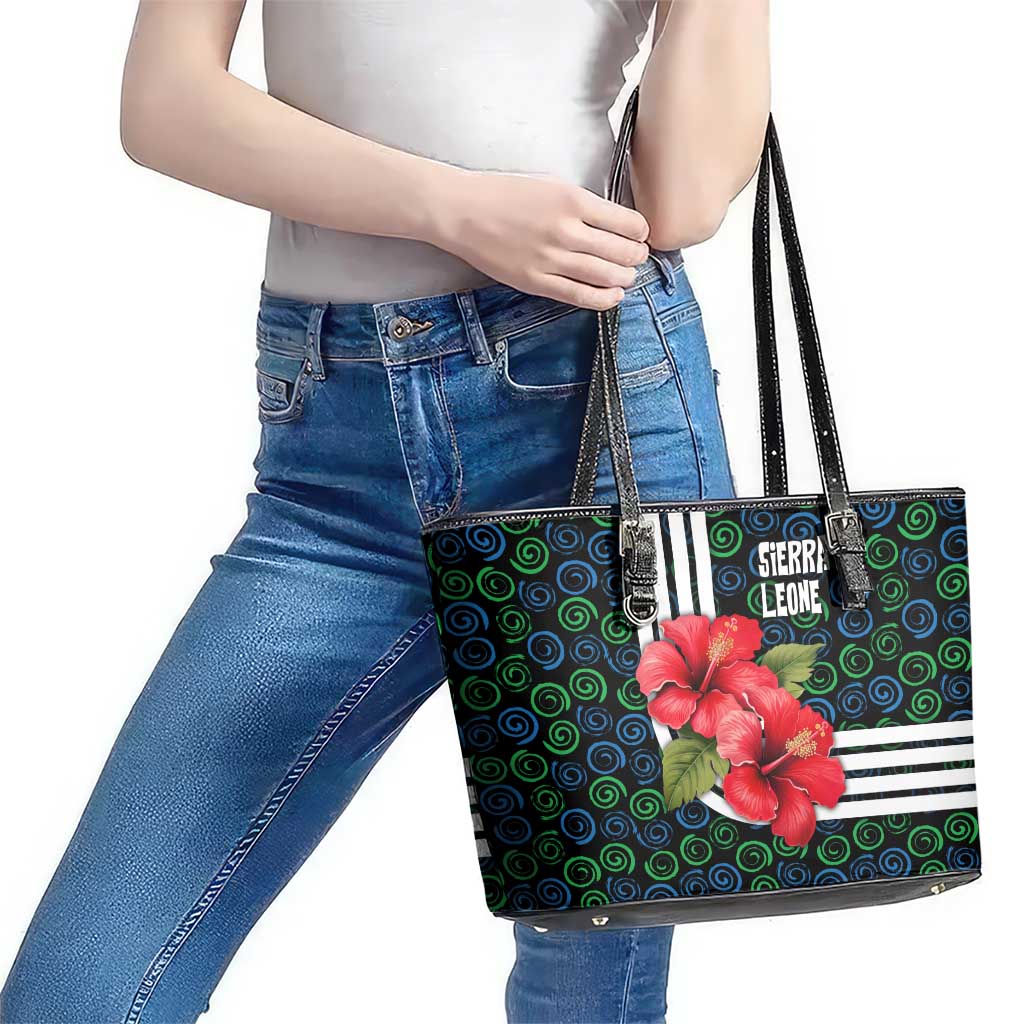 Sierra Leone Leather Tote Bag with Red Hibiscus Floral Design and Tribal Swirl Pattern