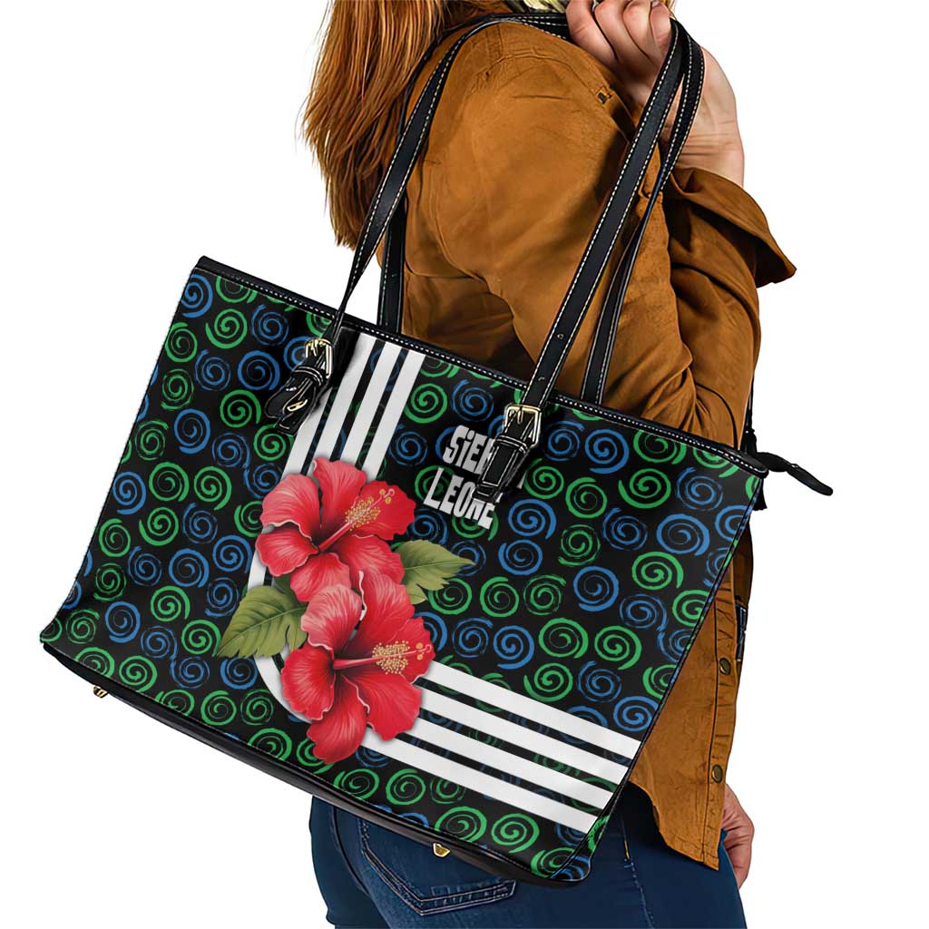 Sierra Leone Leather Tote Bag with Red Hibiscus Floral Design and Tribal Swirl Pattern