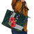 Sierra Leone Leather Tote Bag with Red Hibiscus Floral Design and Tribal Swirl Pattern