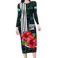 Sierra Leone Long Sleeve Bodycon Dress with Red Hibiscus Floral Design and Tribal Swirl Pattern