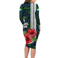 Sierra Leone Long Sleeve Bodycon Dress with Red Hibiscus Floral Design and Tribal Swirl Pattern