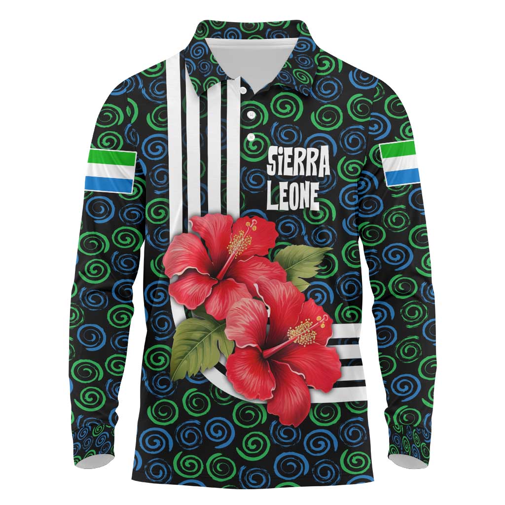 Sierra Leone Long Sleeve Polo Shirt with Red Hibiscus Floral Design and Tribal Swirl Pattern