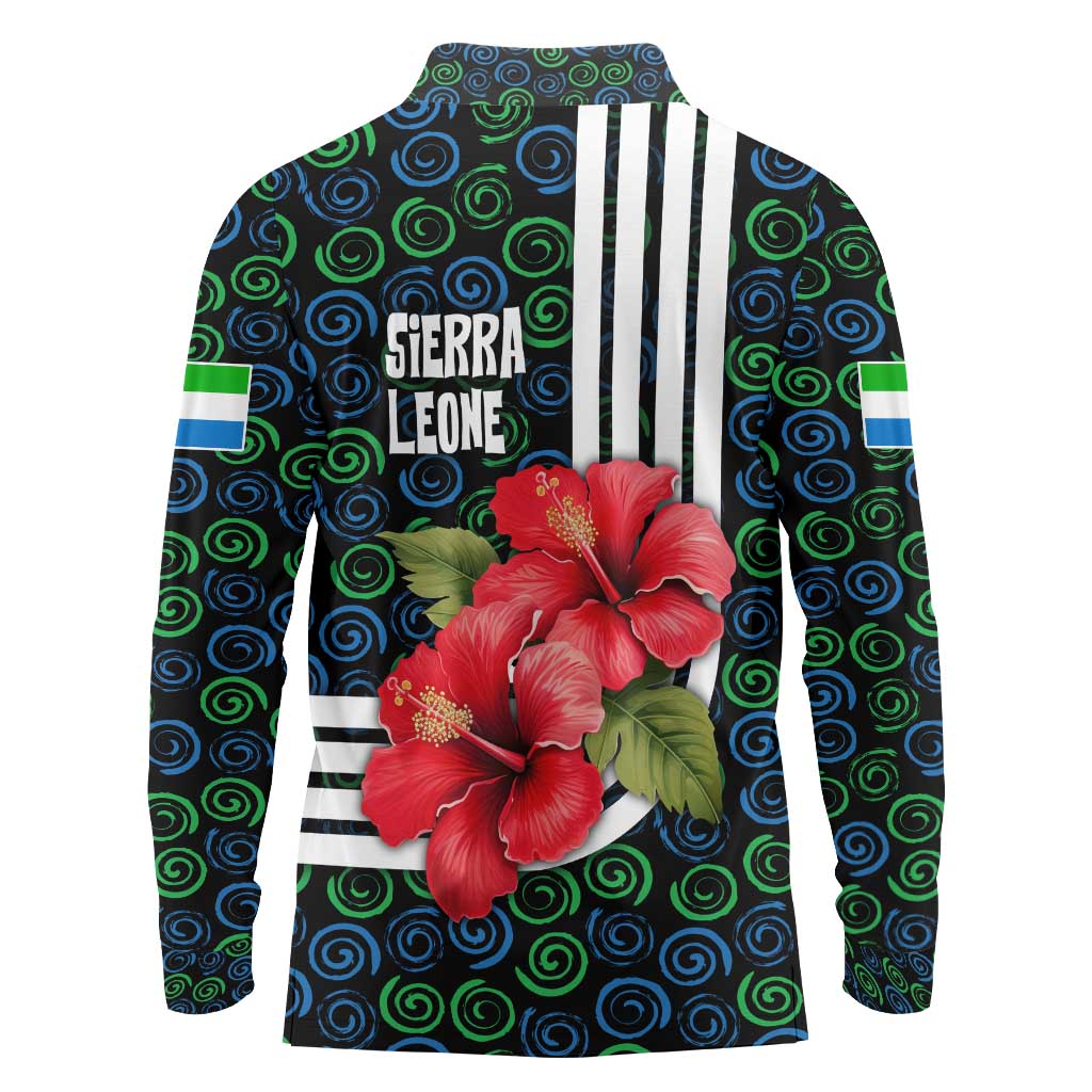 Sierra Leone Long Sleeve Polo Shirt with Red Hibiscus Floral Design and Tribal Swirl Pattern