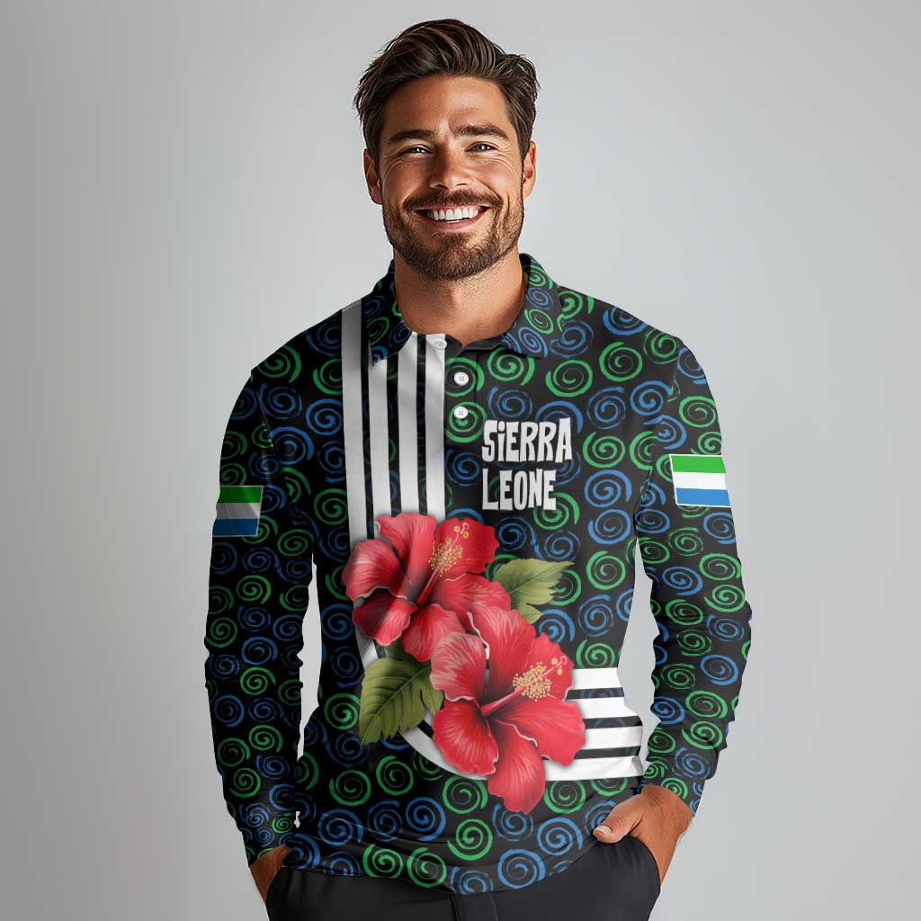 Sierra Leone Long Sleeve Polo Shirt with Red Hibiscus Floral Design and Tribal Swirl Pattern