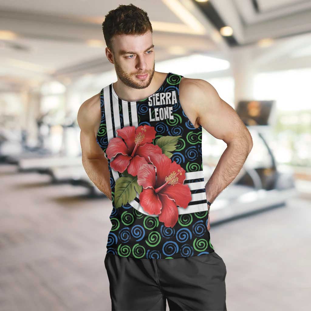 Sierra Leone Men Tank Top with Red Hibiscus Floral Design and Tribal Swirl Pattern
