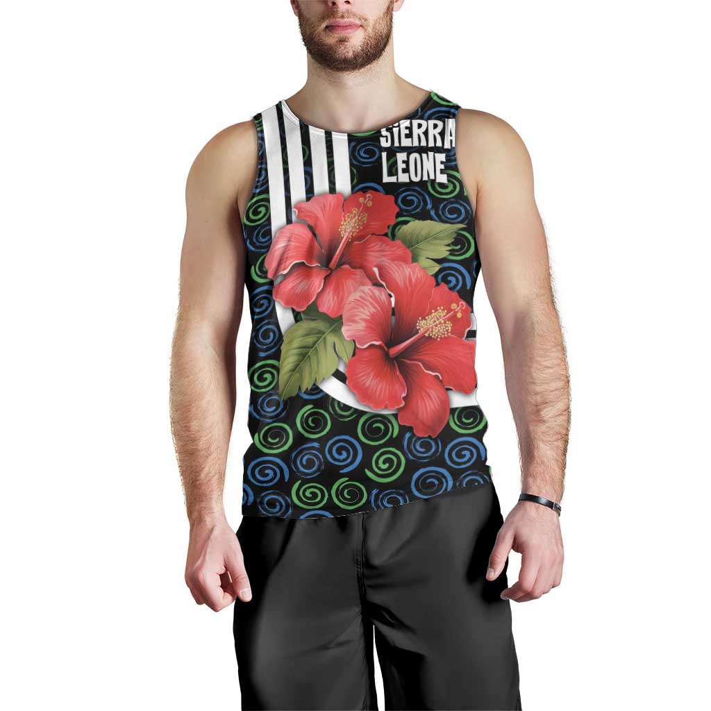 Sierra Leone Men Tank Top with Red Hibiscus Floral Design and Tribal Swirl Pattern