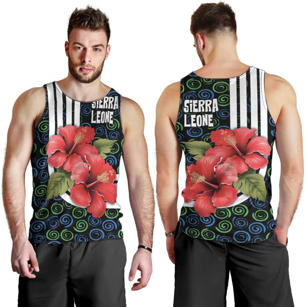 Sierra Leone Men Tank Top with Red Hibiscus Floral Design and Tribal Swirl Pattern