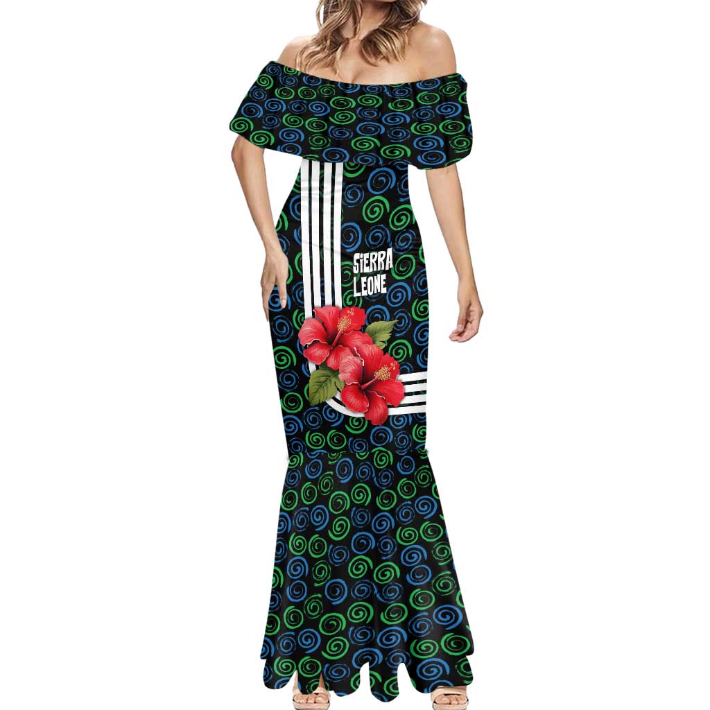 Sierra Leone Mermaid Dress with Red Hibiscus Floral Design and Tribal Swirl Pattern
