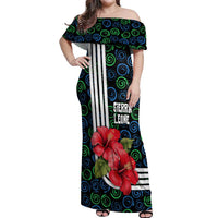 Sierra Leone Off Shoulder Maxi Dress with Red Hibiscus Floral Design and Tribal Swirl Pattern