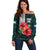 Sierra Leone Off Shoulder Sweater with Red Hibiscus Floral Design and Tribal Swirl Pattern