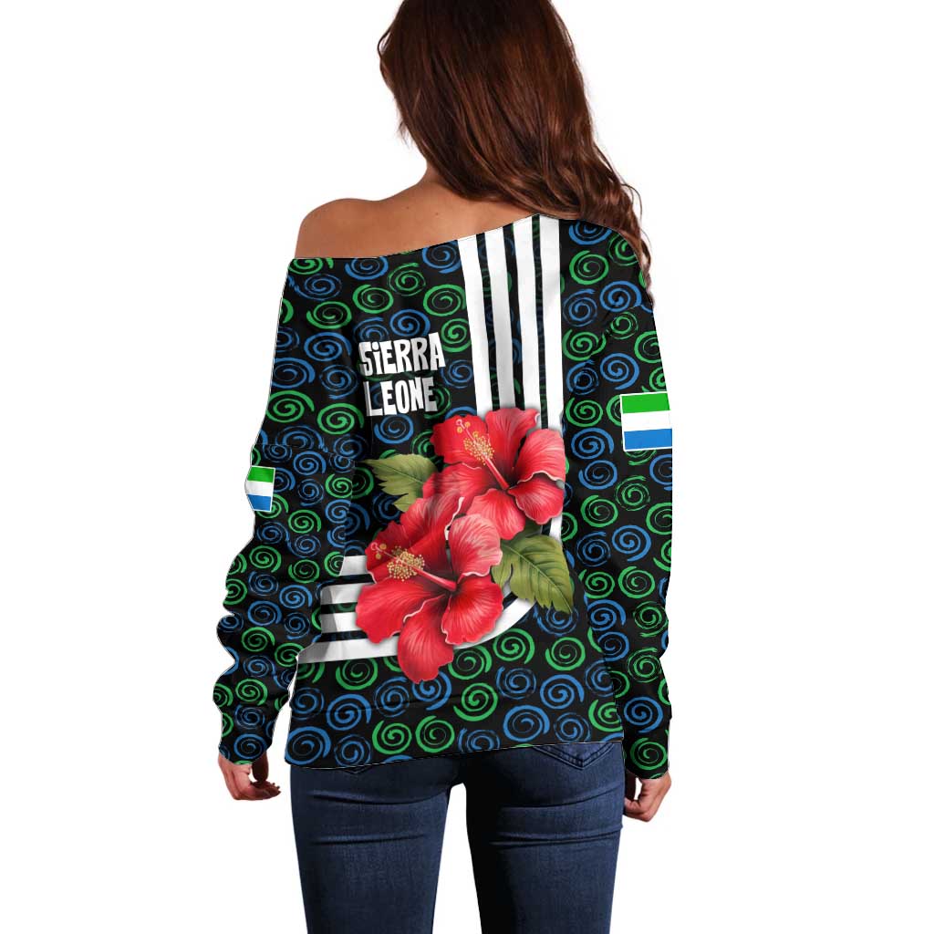 Sierra Leone Off Shoulder Sweater with Red Hibiscus Floral Design and Tribal Swirl Pattern