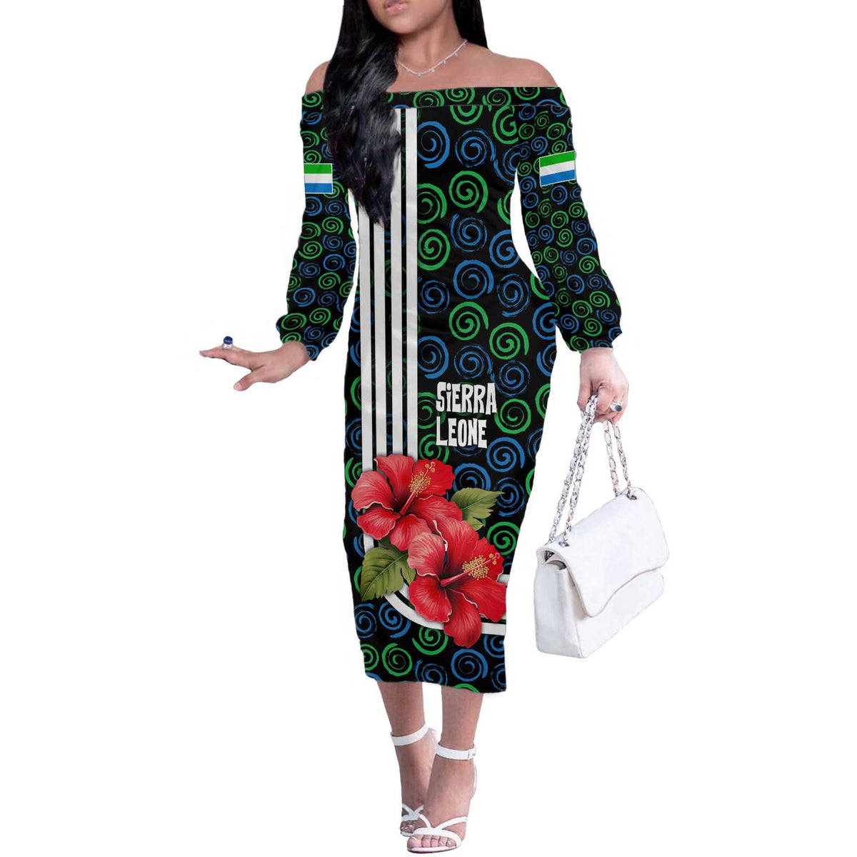 Sierra Leone Off The Shoulder Long Sleeve Dress with Red Hibiscus Floral Design and Tribal Swirl Pattern