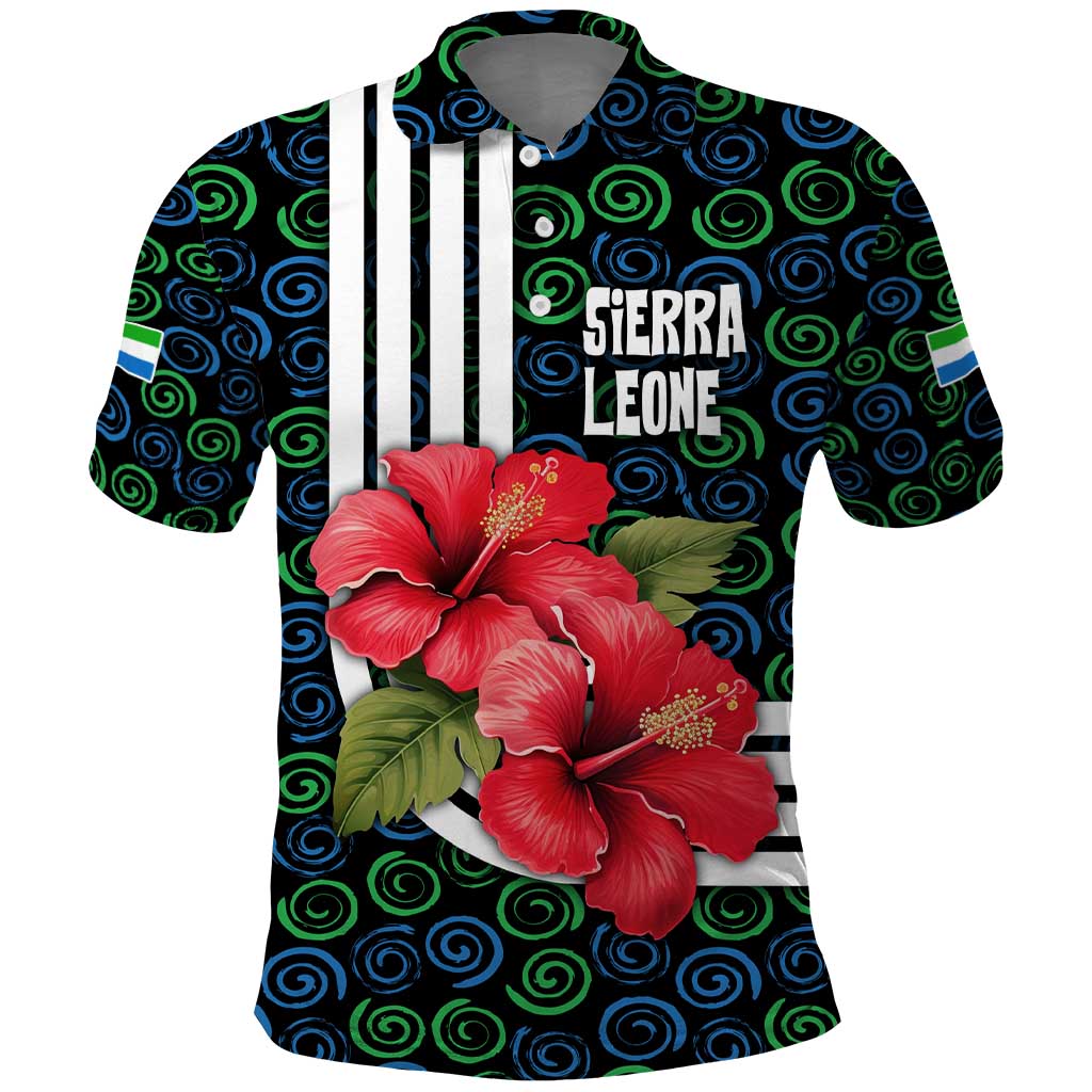 Sierra Leone Polo Shirt with Red Hibiscus Floral Design and Tribal Swirl Pattern