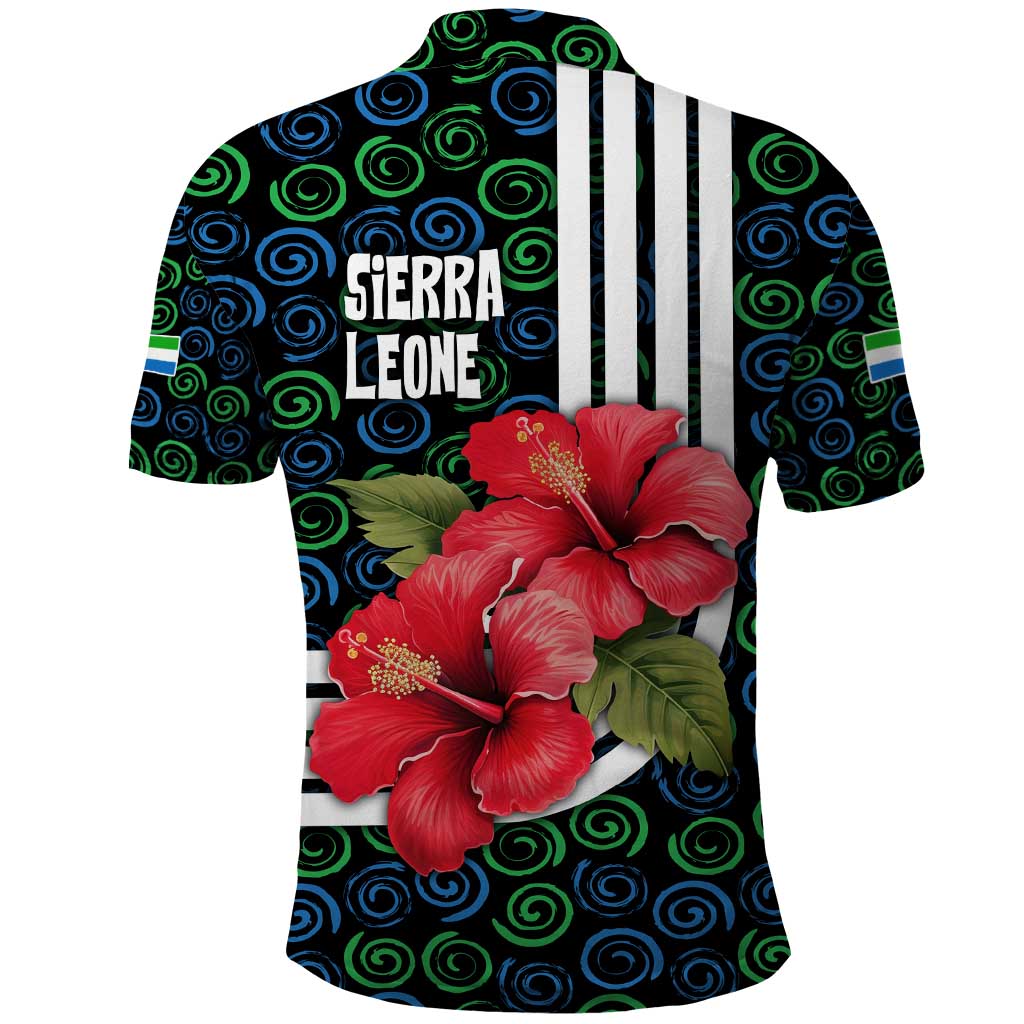Sierra Leone Polo Shirt with Red Hibiscus Floral Design and Tribal Swirl Pattern