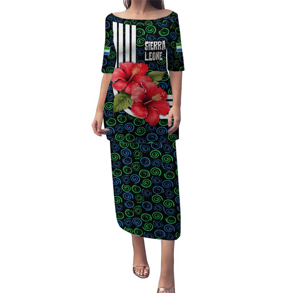 Sierra Leone Puletasi with Red Hibiscus Floral Design and Tribal Swirl Pattern