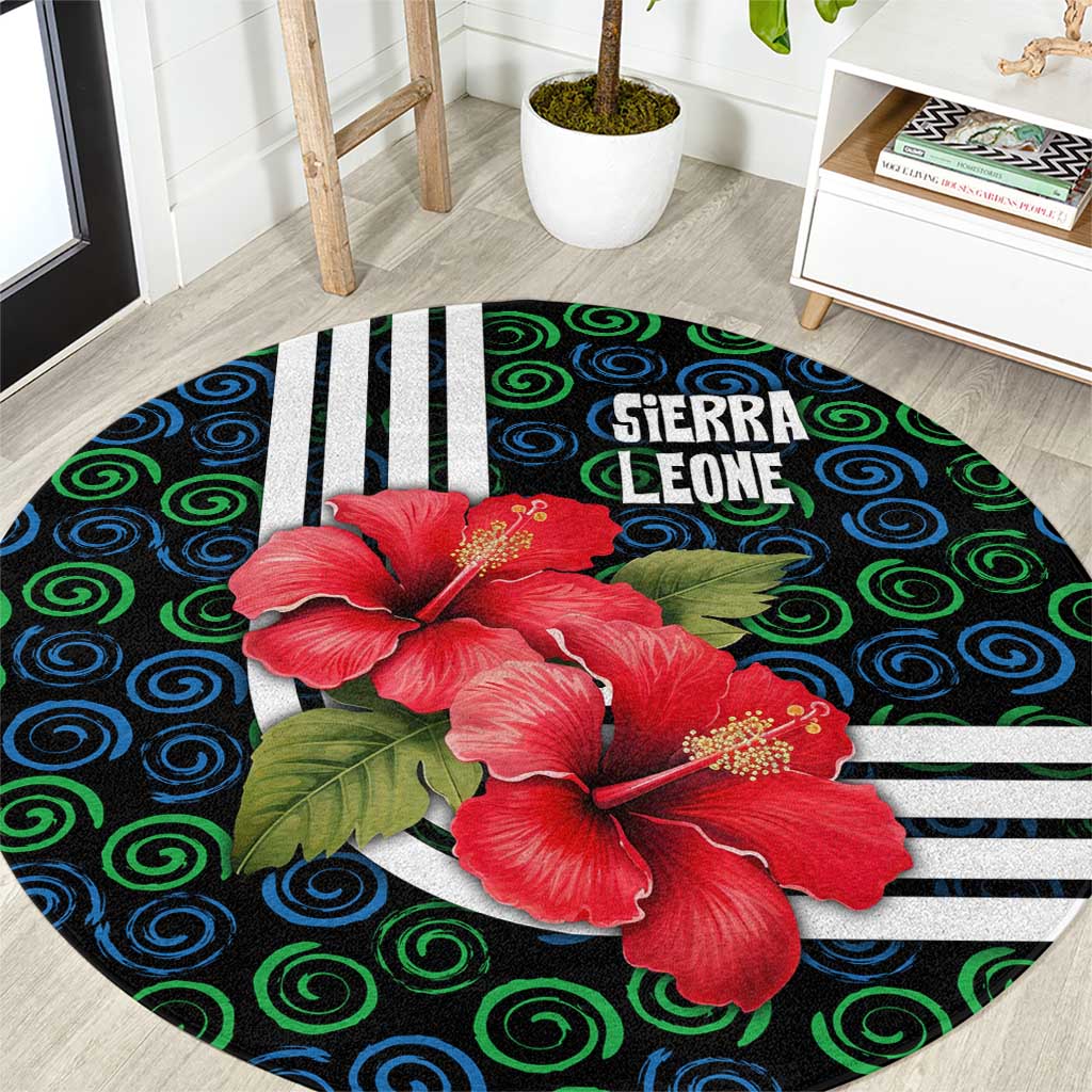 Sierra Leone Round Carpet with Red Hibiscus Floral Design and Tribal Swirl Pattern