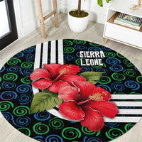 Sierra Leone Round Carpet with Red Hibiscus Floral Design and Tribal Swirl Pattern