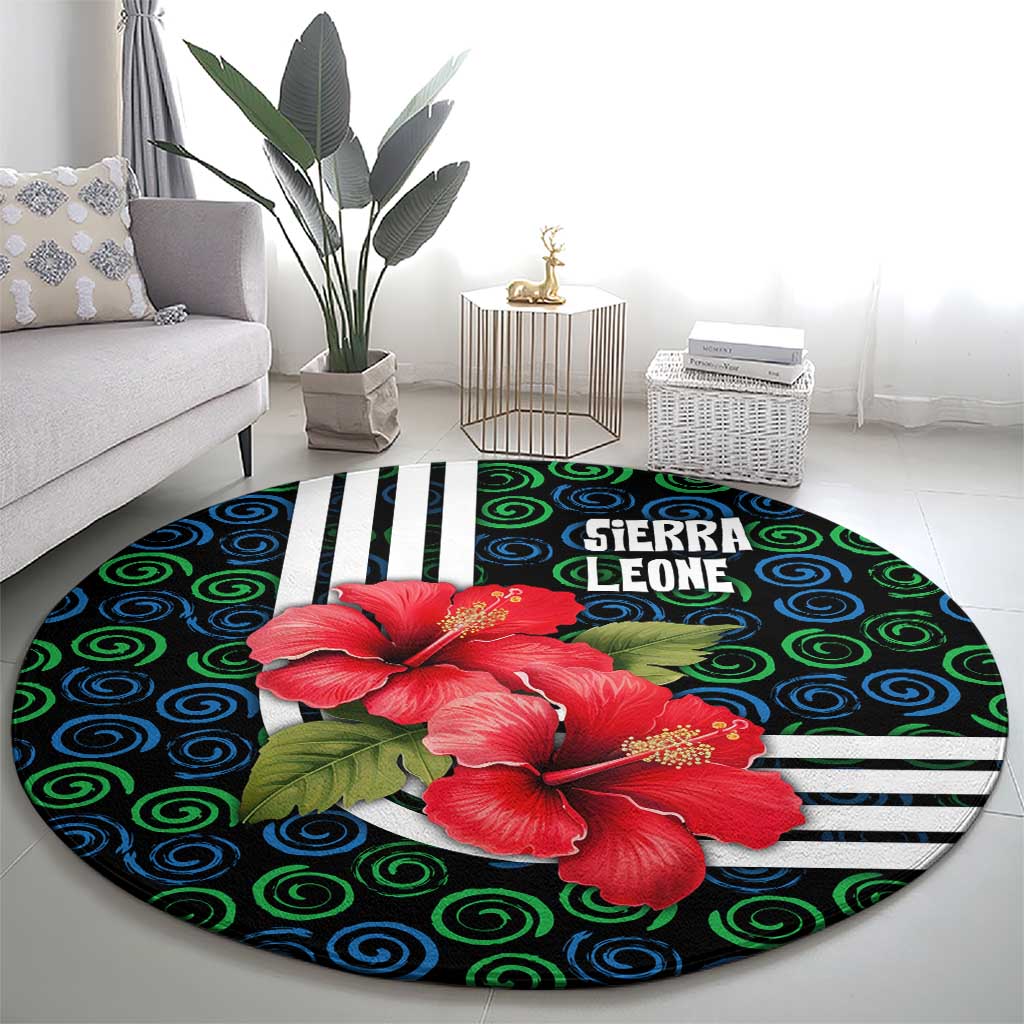 Sierra Leone Round Carpet with Red Hibiscus Floral Design and Tribal Swirl Pattern