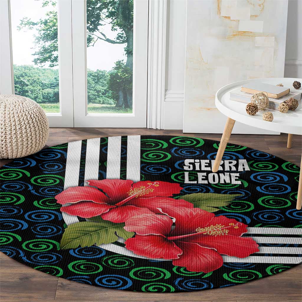 Sierra Leone Round Carpet with Red Hibiscus Floral Design and Tribal Swirl Pattern