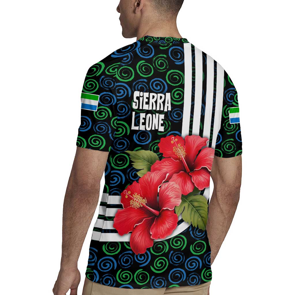 Sierra Leone Rugby Jersey with Red Hibiscus Floral Design and Tribal Swirl Pattern