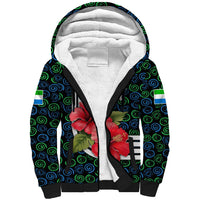 Sierra Leone Sherpa Hoodie with Red Hibiscus Floral Design and Tribal Swirl Pattern