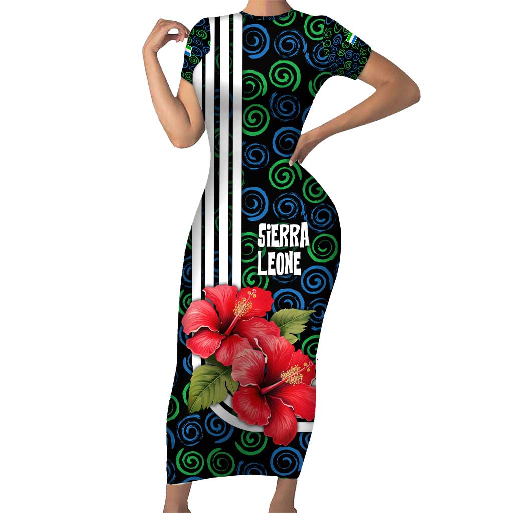 Sierra Leone Short Sleeve Bodycon Dress with Red Hibiscus Floral Design and Tribal Swirl Pattern