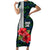 Sierra Leone Short Sleeve Bodycon Dress with Red Hibiscus Floral Design and Tribal Swirl Pattern