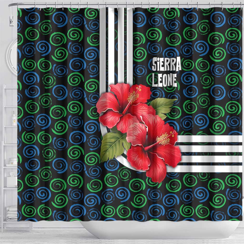 Sierra Leone Shower Curtain with Red Hibiscus Floral Design and Tribal Swirl Pattern