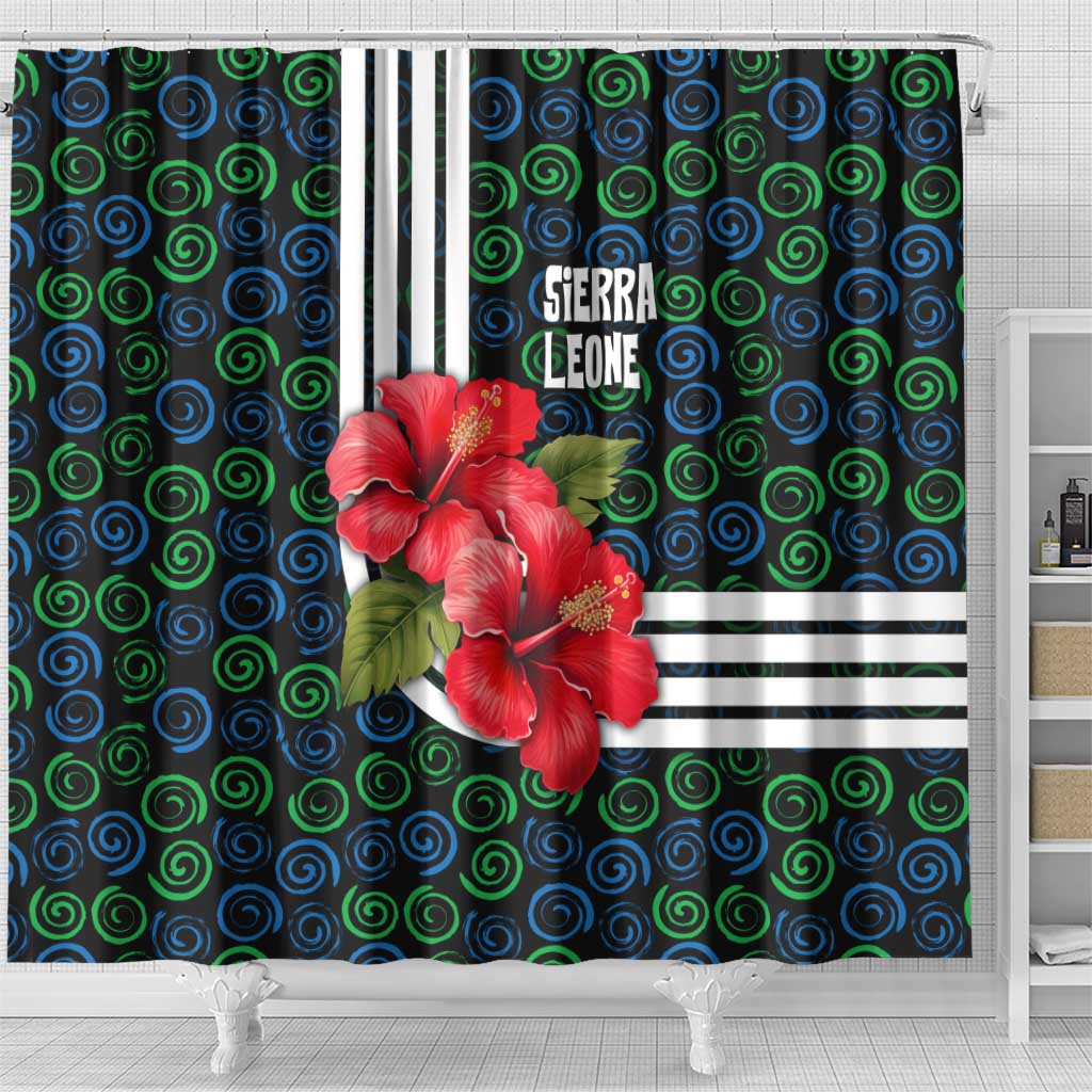 Sierra Leone Shower Curtain with Red Hibiscus Floral Design and Tribal Swirl Pattern