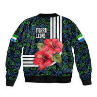 Sierra Leone Sleeve Zip Bomber Jacket with Red Hibiscus Floral Design and Tribal Swirl Pattern