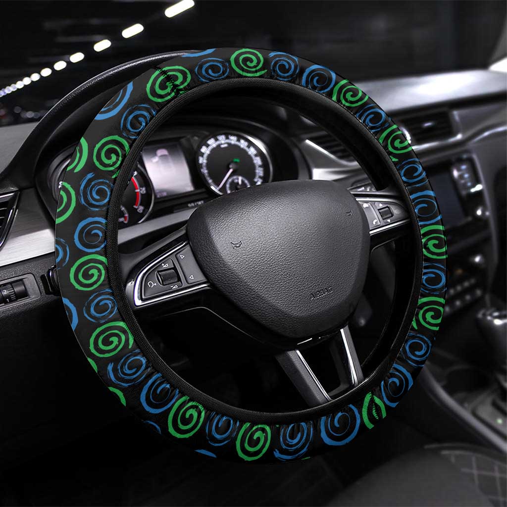 Sierra Leone Steering Wheel Cover with Red Hibiscus Floral Design and Tribal Swirl Pattern