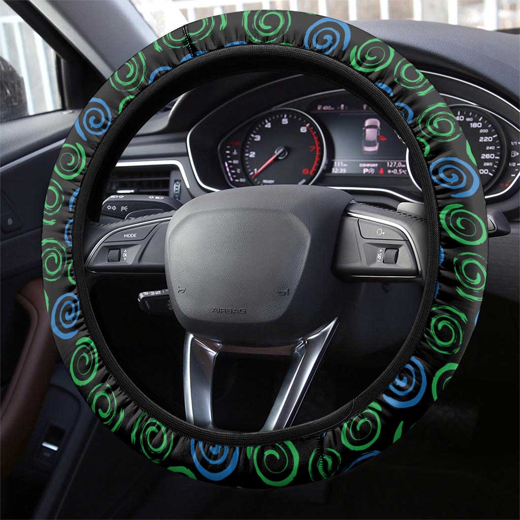 Sierra Leone Steering Wheel Cover with Red Hibiscus Floral Design and Tribal Swirl Pattern