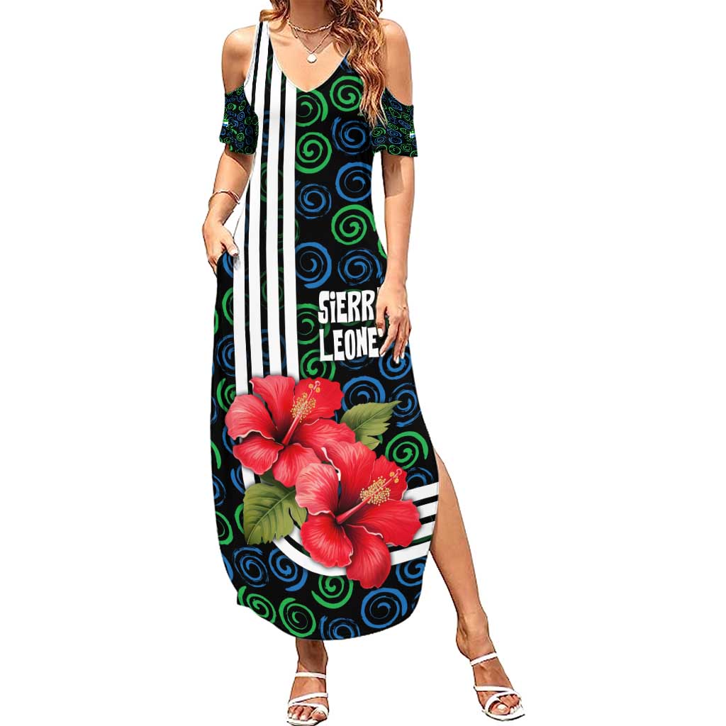 Sierra Leone Summer Maxi Dress with Red Hibiscus Floral Design and Tribal Swirl Pattern