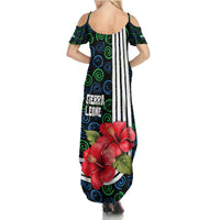 Sierra Leone Summer Maxi Dress with Red Hibiscus Floral Design and Tribal Swirl Pattern
