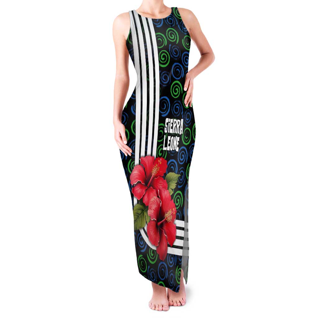 Sierra Leone Tank Maxi Dress with Red Hibiscus Floral Design and Tribal Swirl Pattern
