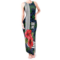 Sierra Leone Tank Maxi Dress with Red Hibiscus Floral Design and Tribal Swirl Pattern