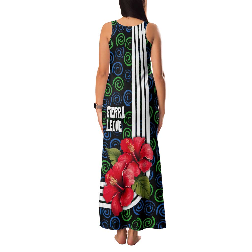 Sierra Leone Tank Maxi Dress with Red Hibiscus Floral Design and Tribal Swirl Pattern