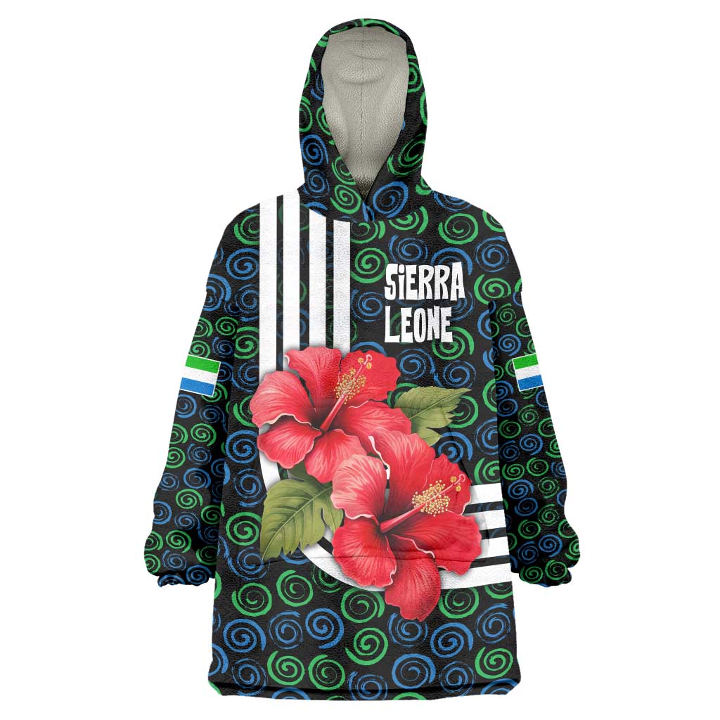 Sierra Leone Wearable Blanket Hoodie with Red Hibiscus Floral Design and Tribal Swirl Pattern